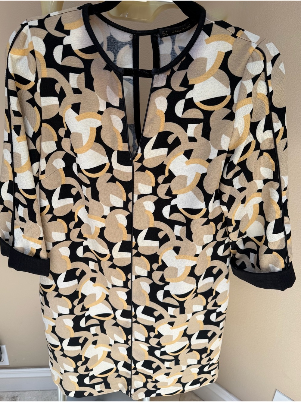 Zara Mini Dress in Black, White & Beige Geometric Print